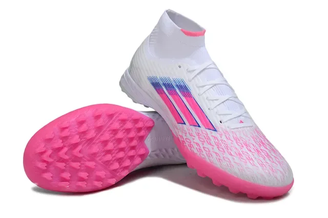 Adidas Chaussures de football pour gazon blanc et rose à col haut avec encolure de chaussette et motifs de rayures dégradées 4