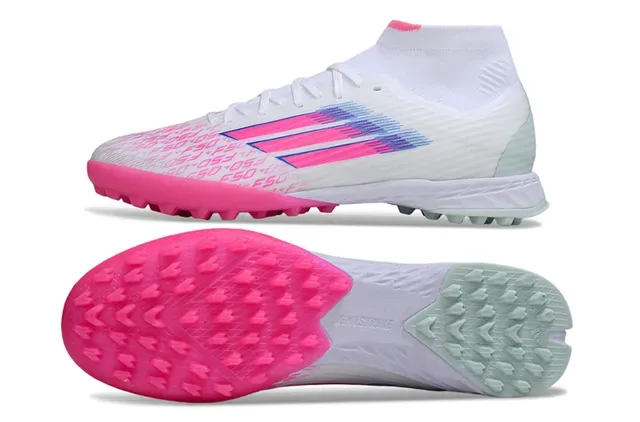 Adidas Chaussures de football pour gazon blanc et rose à col haut avec encolure de chaussette et motifs de rayures dégradées 6
