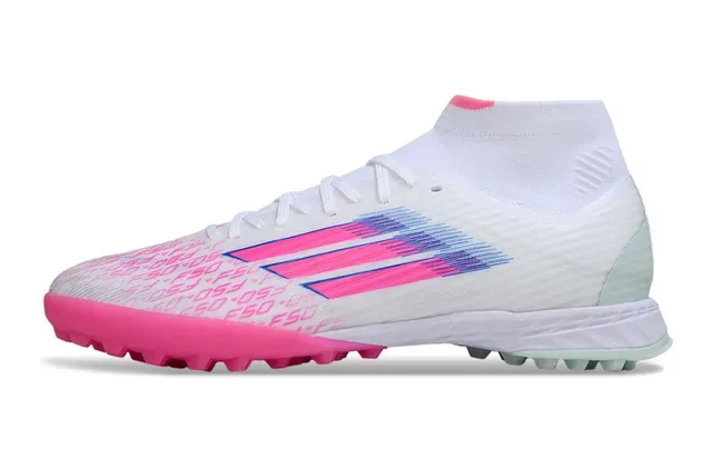 Adidas Chaussures de football pour gazon blanc et rose à col haut avec encolure de chaussette et motifs de rayures dégradées 7