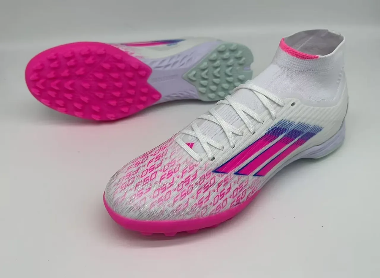 Adidas Chaussures de football pour gazon blanc et rose à col haut avec encolure de chaussette et motifs de rayures dégradées 10