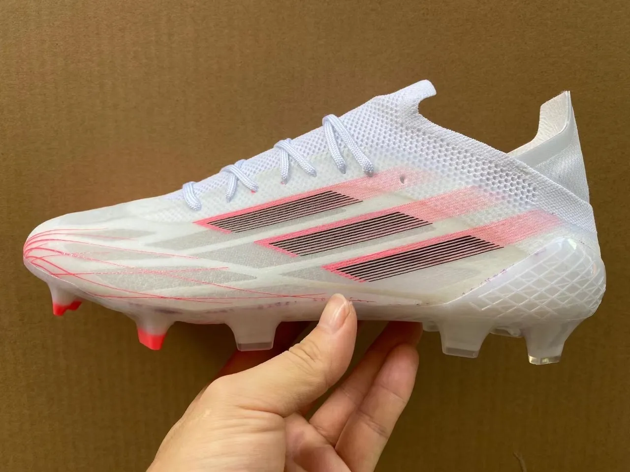 Adidas White Pink Low-Cut Knit Upper Asymmetric Lacing Firm-Ground Soccer Shoes 8