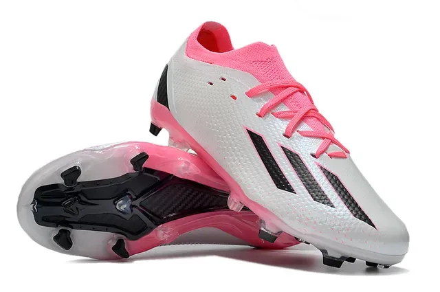 Adidas Chaussures de Football Blanc et Rose Haut Synthétique Texturé Lacets Asymétriques Terrain Ferme 2