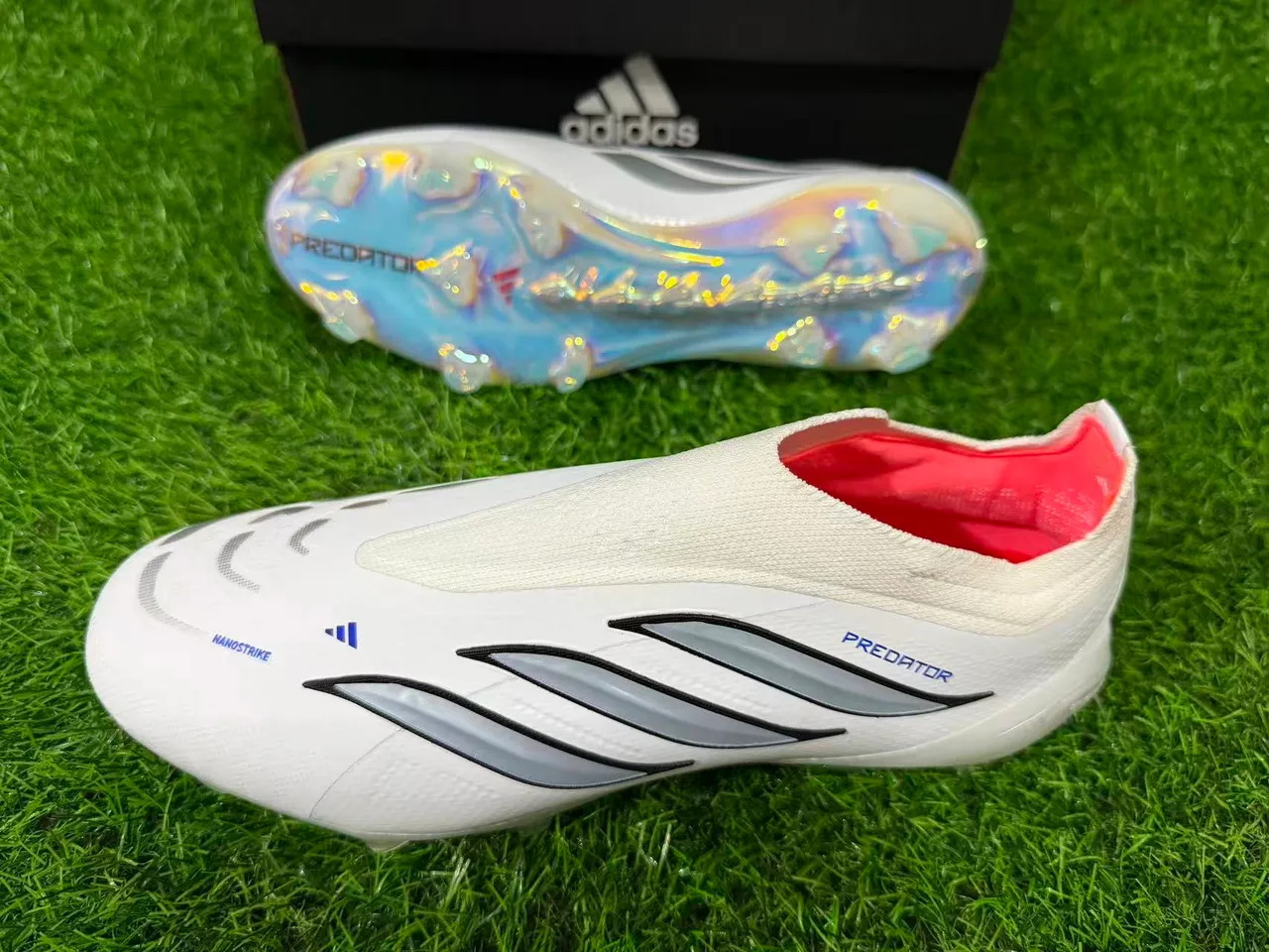 Adidas White Silver Sock-Fit Collar Iridescent Holographic Heel Firm-Ground Soccer Shoes 2
