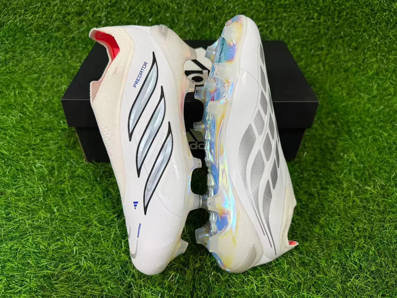 Adidas White Silver Sock-Fit Collar Iridescent Holographic Heel Firm-Ground Soccer Shoes 4