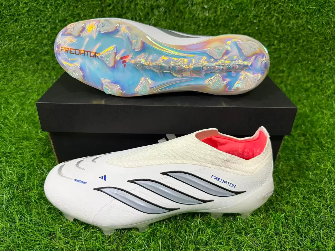 Adidas White Silver Sock-Fit Collar Iridescent Holographic Heel Firm-Ground Soccer Shoes 7