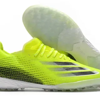 Adidas Sapatos de futebol amarelo preto com upper em knit, cadarços assimétricos e superfície artificial de grama