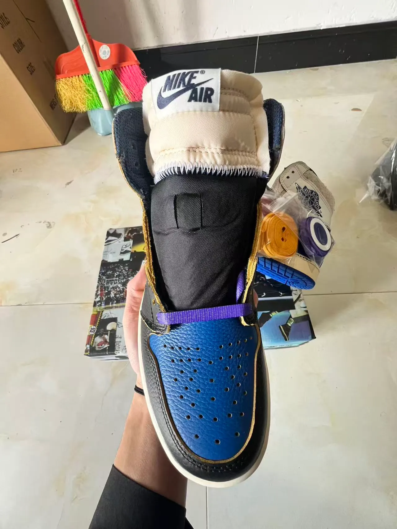 Air Jordan 1 Black Royal Blue Gold Stitching Basketball Shoes 3