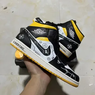 Air Jordan 1 High Top Circuit Board Graphic Black White Yellow Basketball Shoes