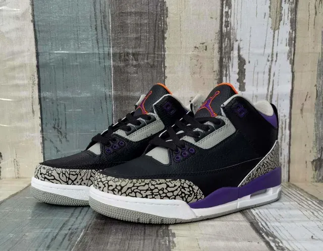 Air Jordan 3 Black Purple Cement Elephant Print Basketball Shoes 7