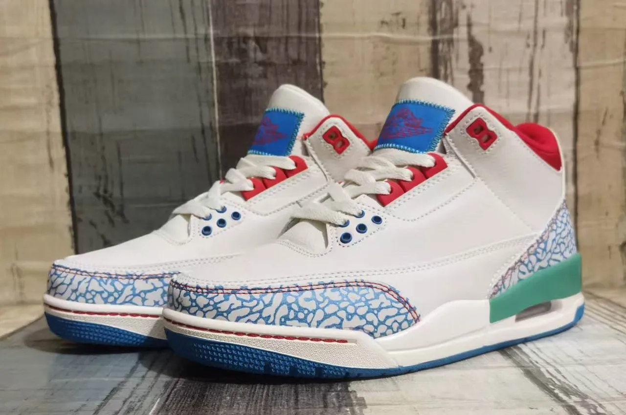 Chaussures de basketball Air Jordan 3 blanc bleu vert rouge motif éléphant 2