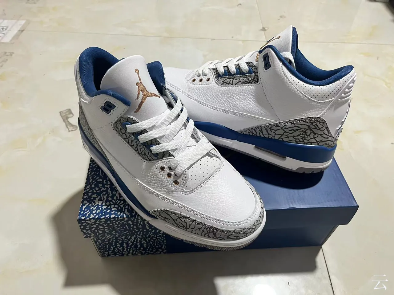 Chaussures de basketball Air Jordan 3 blanc et bleu royal à motif éléphant 7