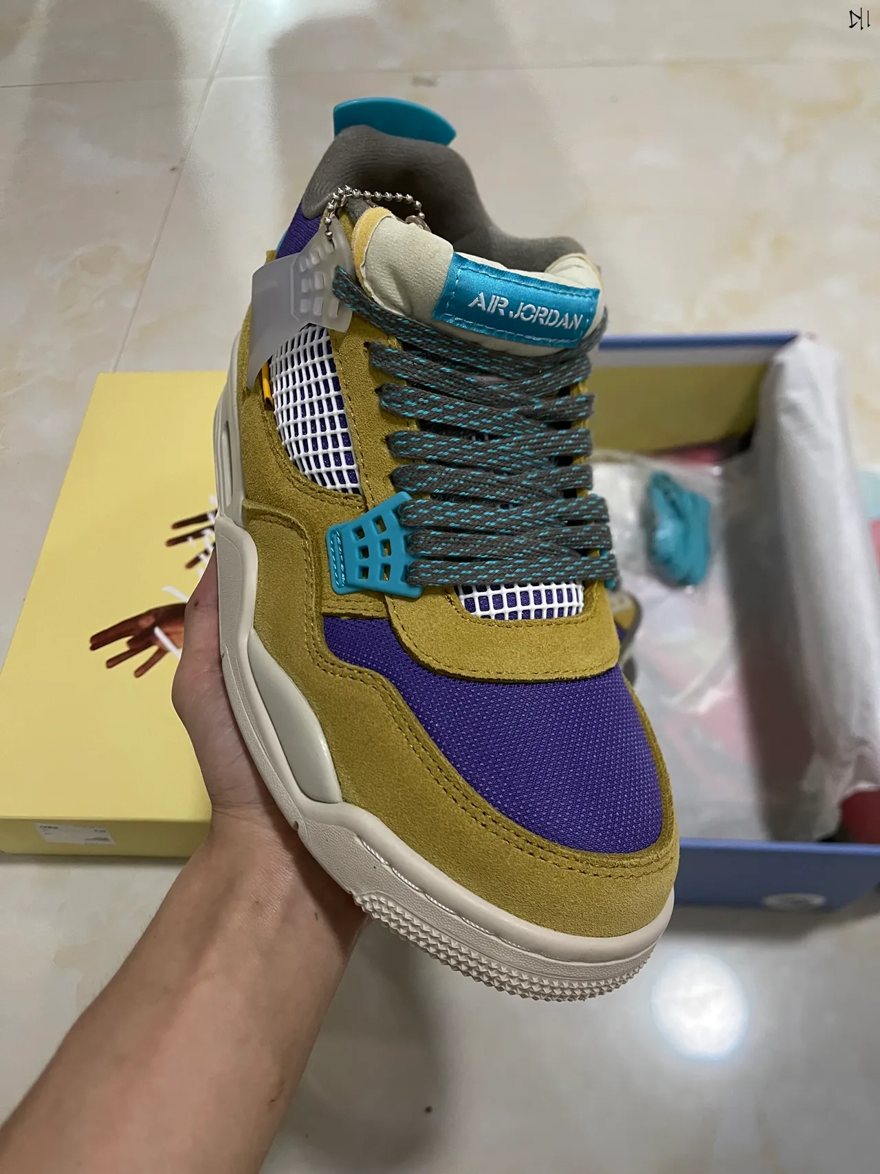 Air Jordan 4 Mostarda Amarela Roxa Turquesa Tênis de Basquete 2