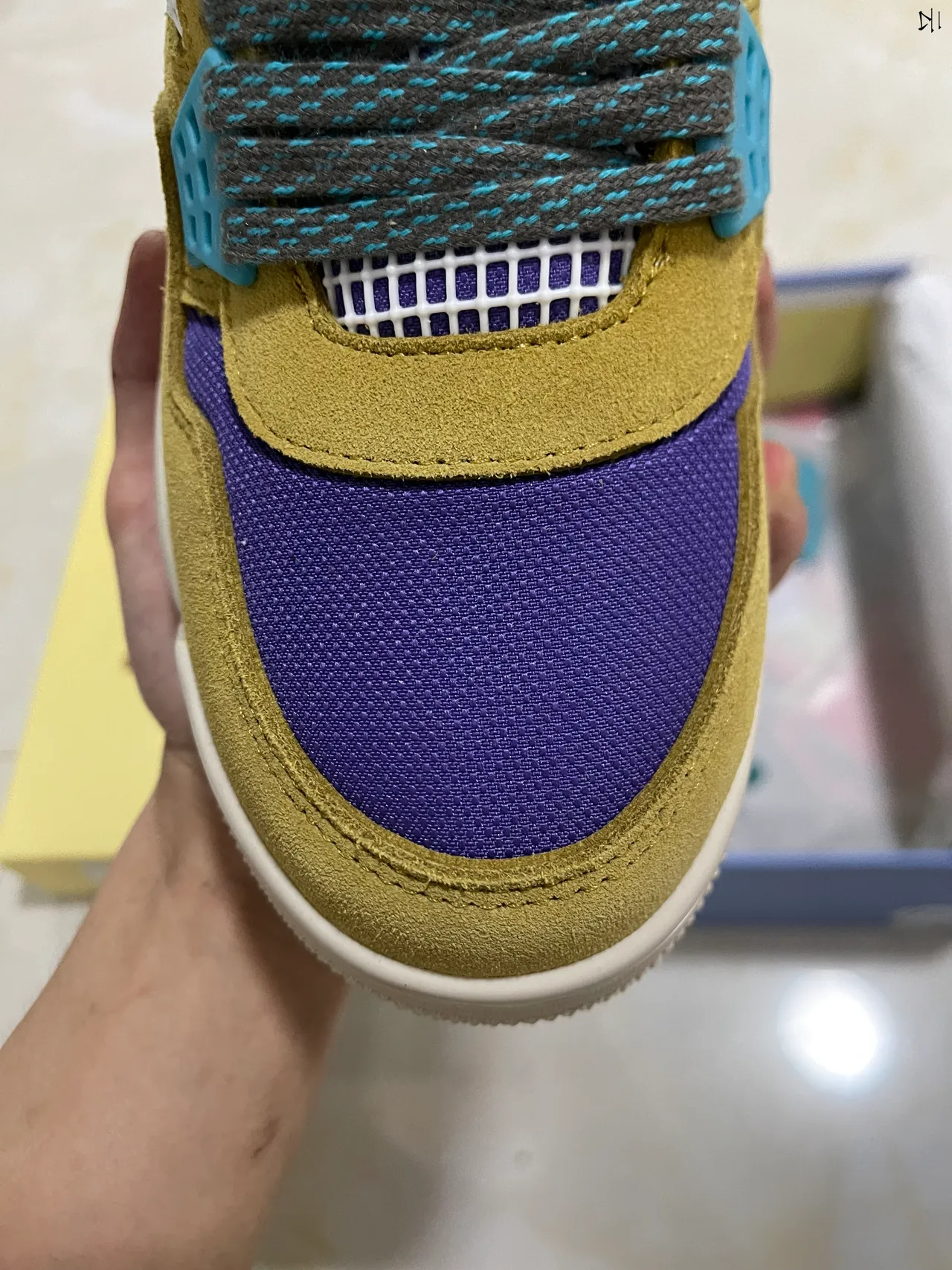 Air Jordan 4 Mostarda Amarela Roxa Turquesa Tênis de Basquete 3