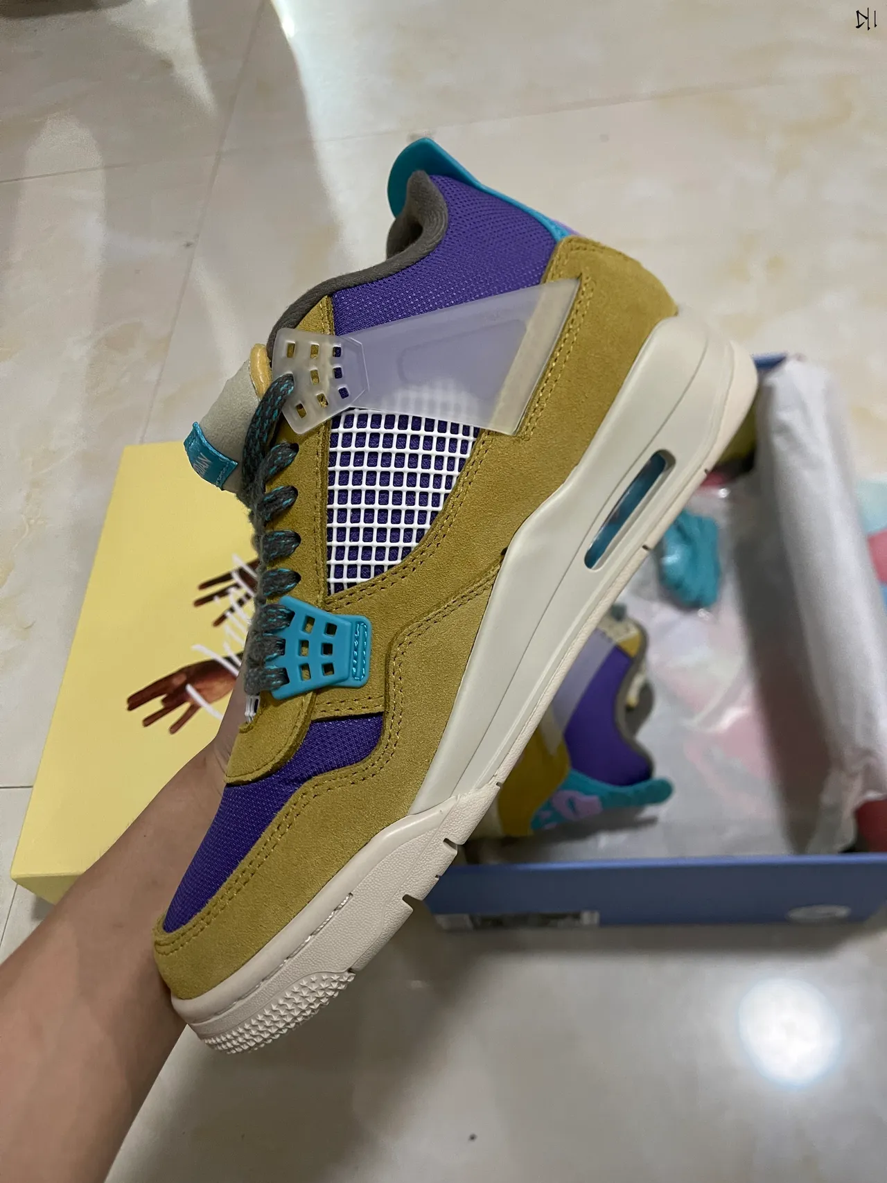 Air Jordan 4 Mostarda Amarela Roxa Turquesa Tênis de Basquete 4