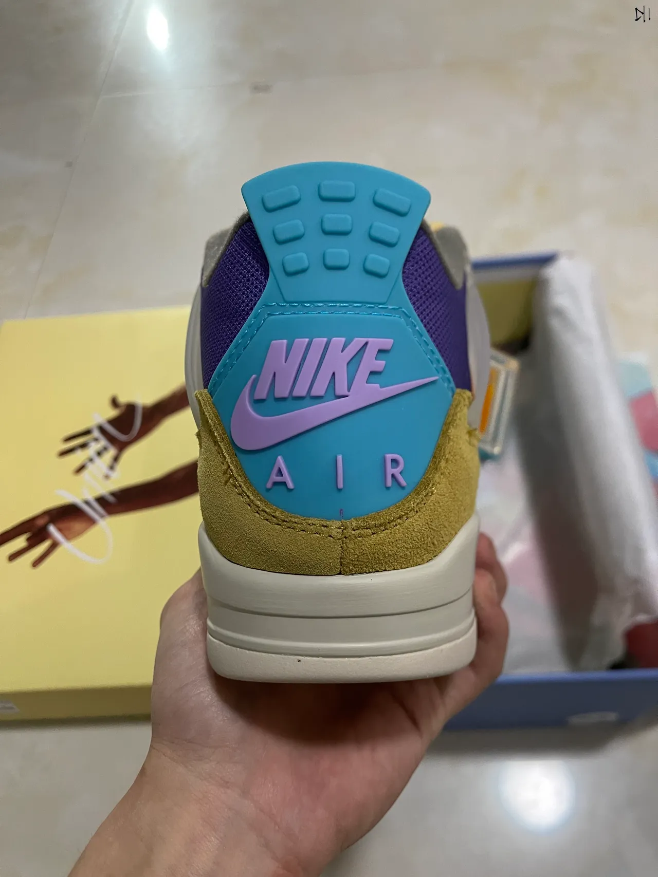 Air Jordan 4 Mostarda Amarela Roxa Turquesa Tênis de Basquete 6