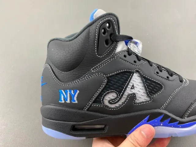 Air Jordan 5 Preto Azul Royal NY Tênis de Basquete 3