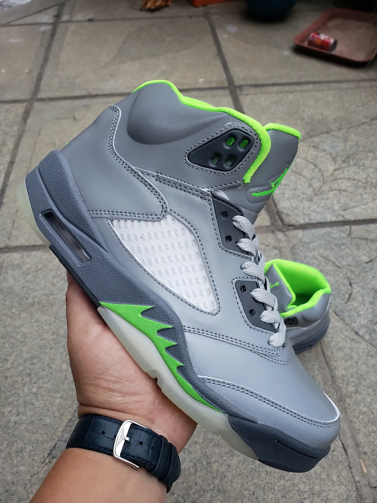 Air Jordan 5 Gray Neon Green Basketball Shoes 4