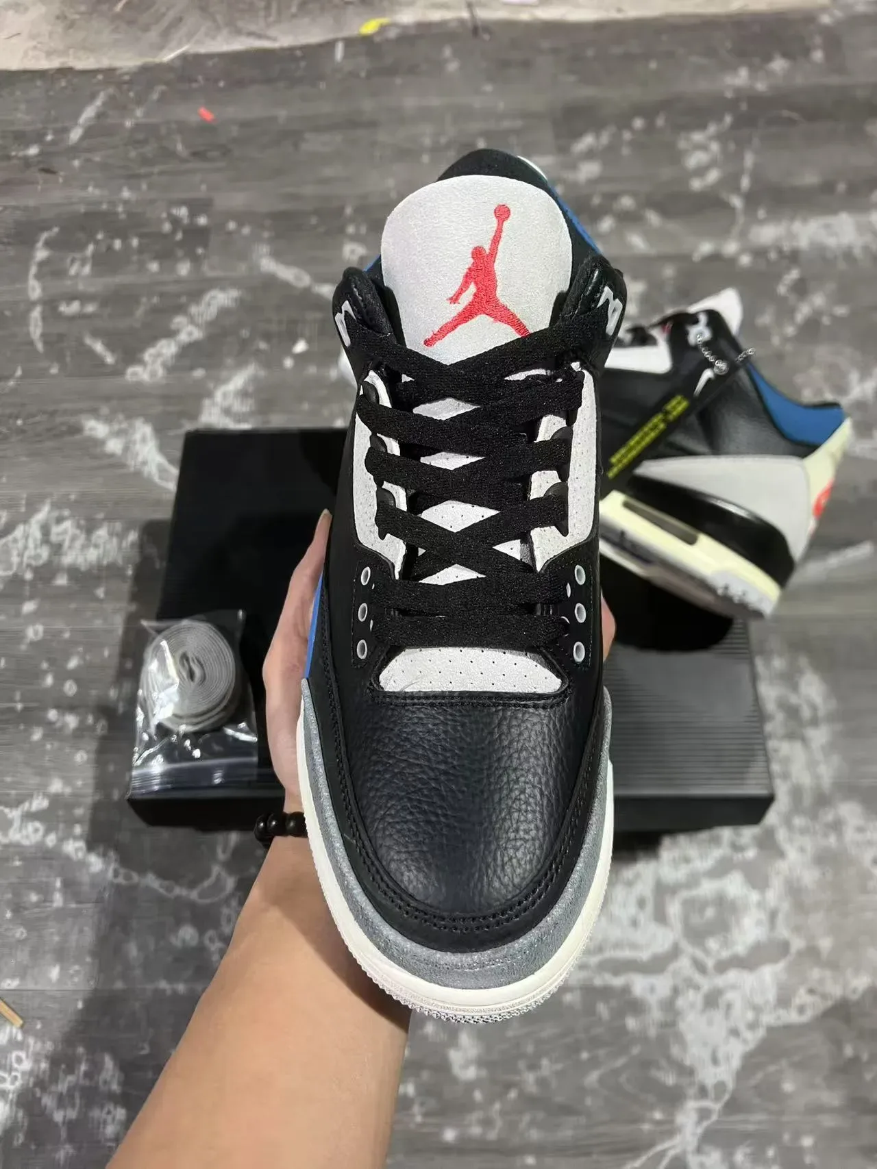 Air Jordan Noir Bleu Hautes Cuir à Grain Chaussures de Basketball 3