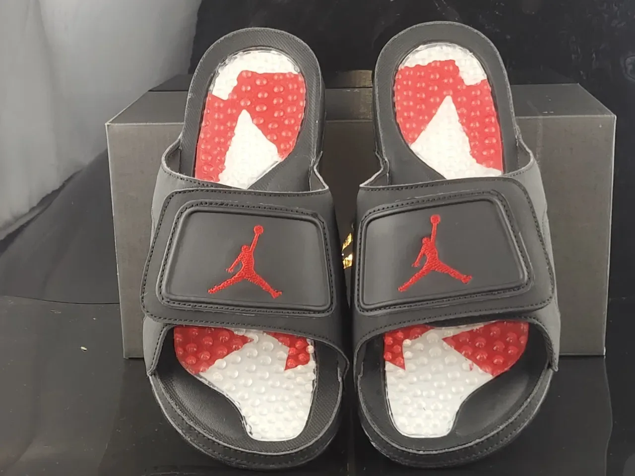 Air Jordan Black Red Synthetic Upper Single-Strap Closure Slippers 5
