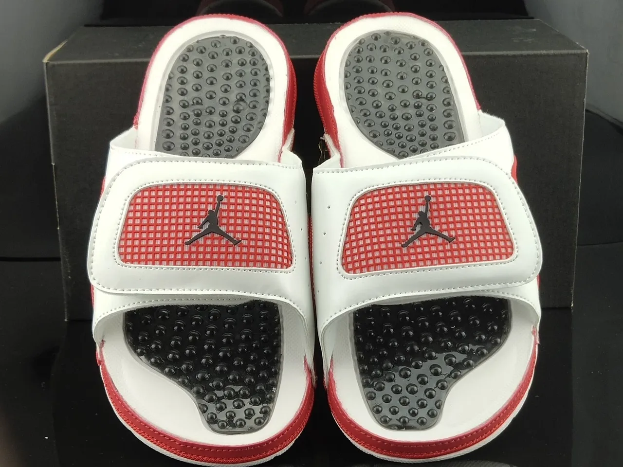 Air Jordan White Red Leather-Like Upper Mesh Strap Panel Slippers 5