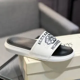 Alexander McQueen Logo-Print White and Black Slide Slippers
