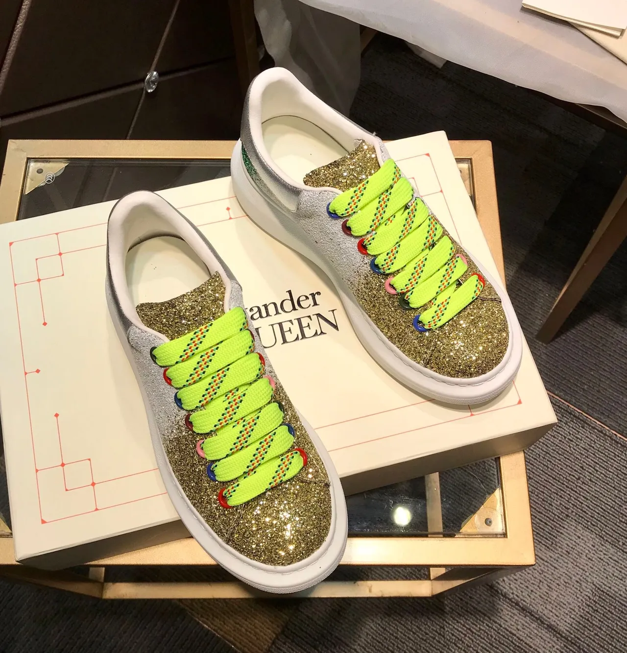Alexander McQueen Oversized Sneaker Gold Green Platform Sole Gradient Glitter Upper Lifestyle Sneakers 7