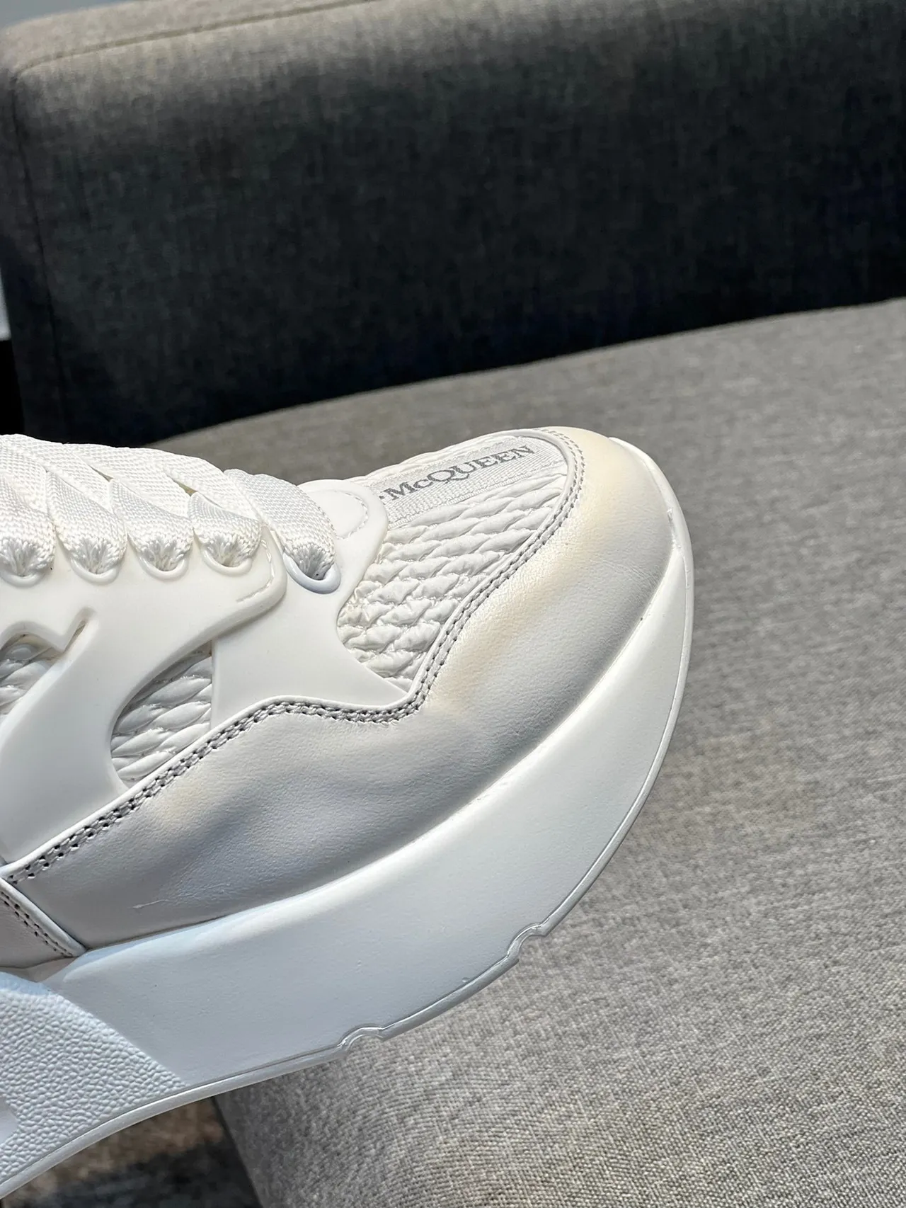 Alexander McQueen Oversized Sneaker White Blue Platform Sole Woven Leather Upper Chunky Sneakers 3