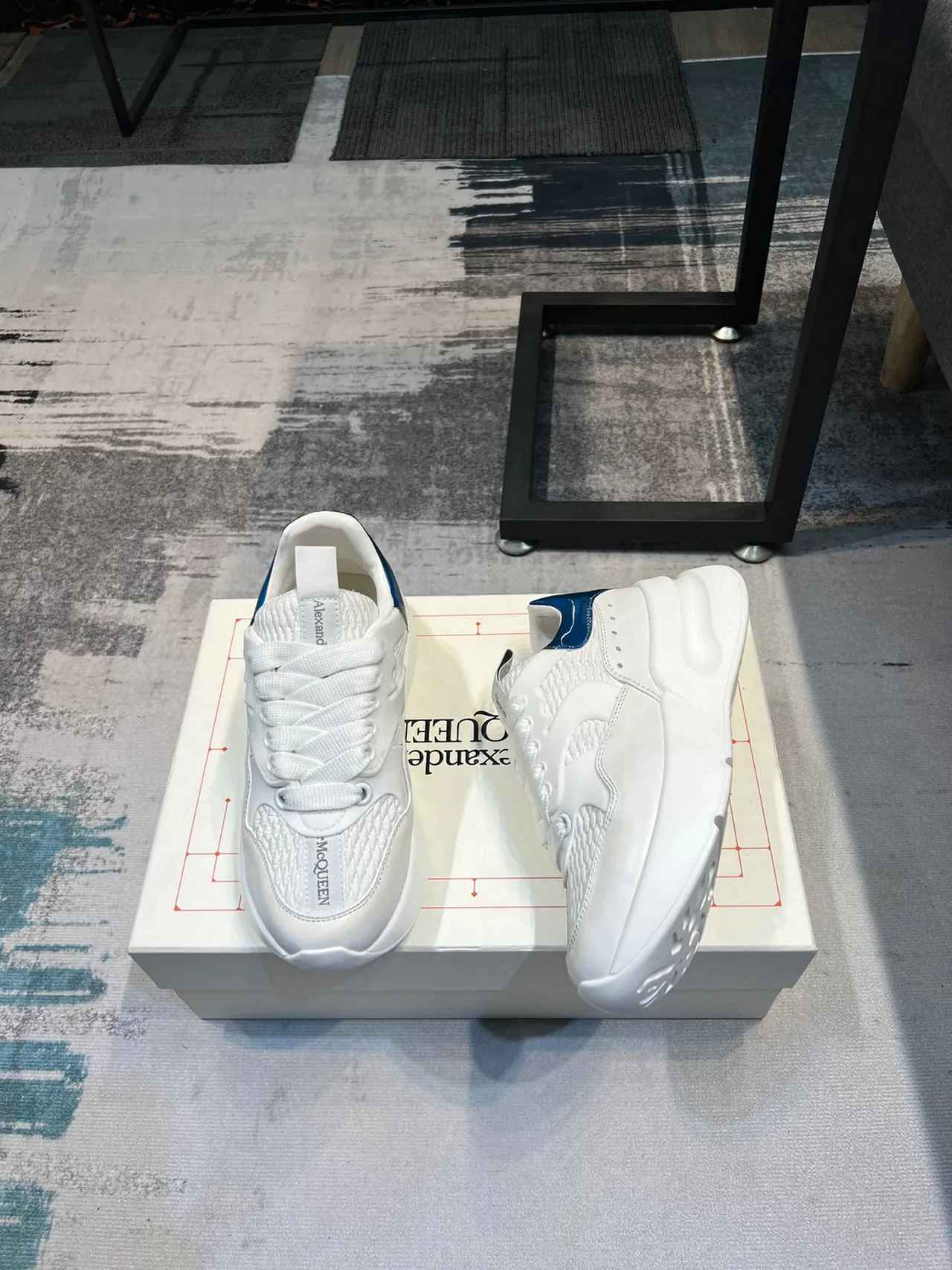 Alexander McQueen Oversized Sneaker White Blue Platform Sole Woven Leather Upper Chunky Sneakers 4