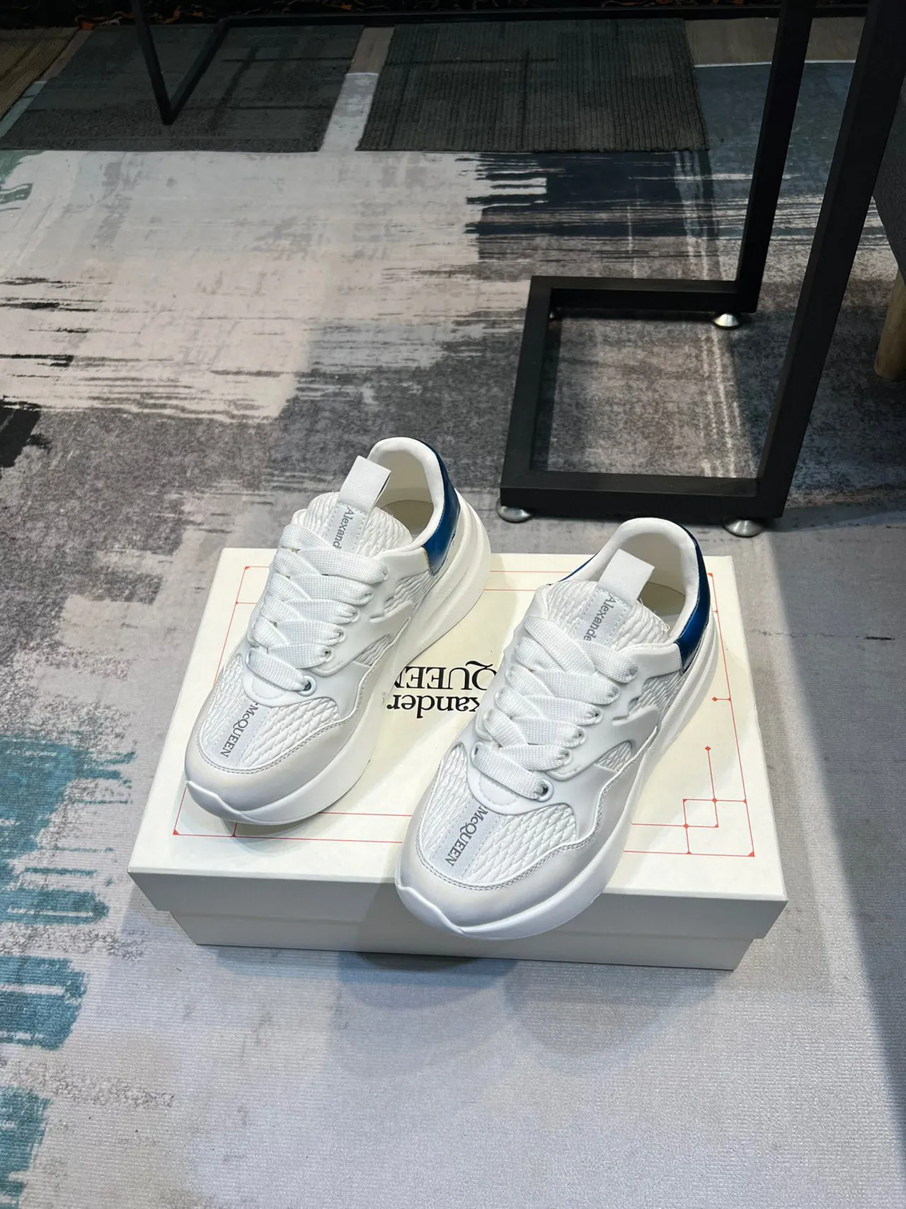 Alexander McQueen Oversized Sneaker White Blue Platform Sole Woven Leather Upper Chunky Sneakers 5