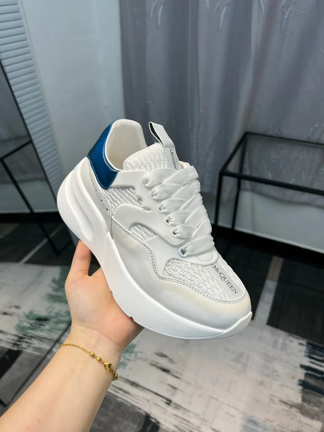 Alexander McQueen Oversized Sneaker White Blue Platform Sole Woven Leather Upper Chunky Sneakers 6