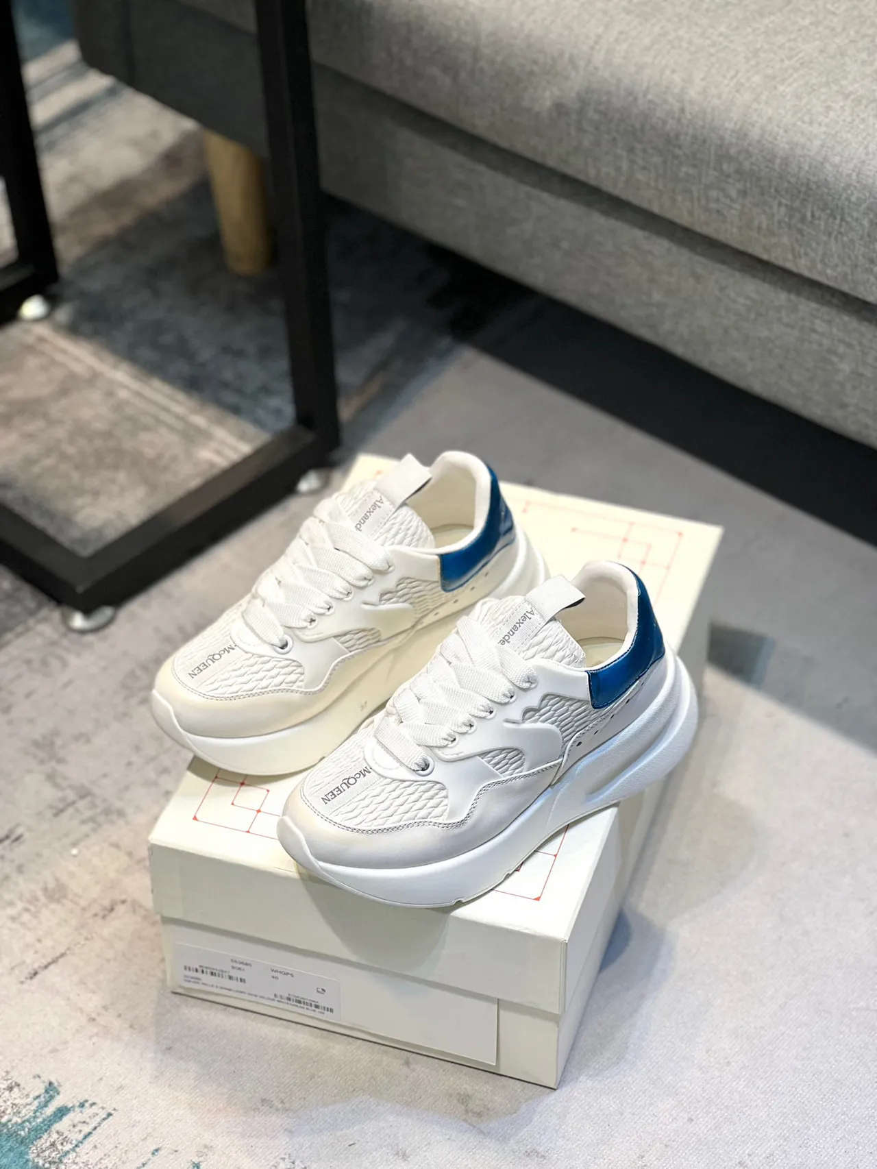 Alexander McQueen Oversized Sneaker White Blue Platform Sole Woven Leather Upper Chunky Sneakers 7