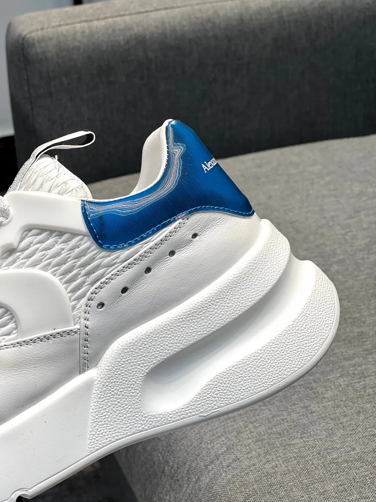 Alexander McQueen Oversized Sneaker White Blue Platform Sole Woven Leather Upper Chunky Sneakers 8