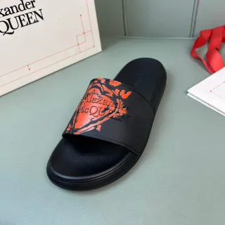 Alexander McQueen Slide Black and Orange Graphic Strap Slippers