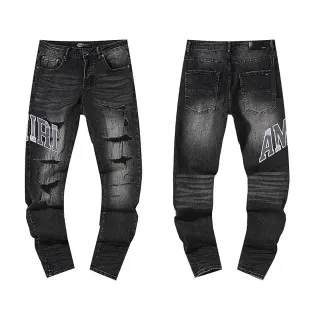 Amiri Graphic Print Distressed Black Wash Slim-Fit Jeans