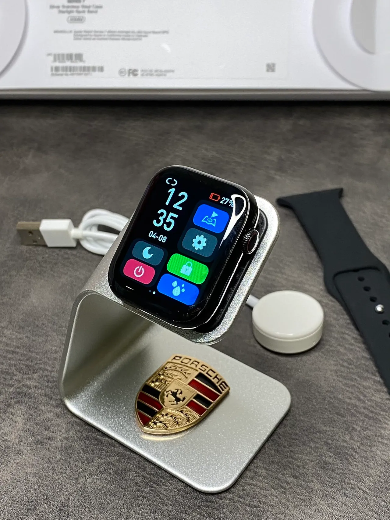 Apple Series 7 Silver Gray Flat-Edged Stainless Steel Case Light Silicone Sport Band Sports Watch 7