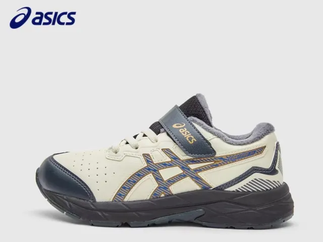ASICS Beige Navy Low-Top Velcro Strap Closure Running Shoes 5