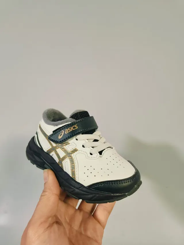 ASICS Beige Navy Low-Top Velcro Strap Closure Running Shoes 7