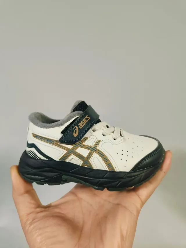 ASICS Beige Navy Low-Top Velcro Strap Closure Running Shoes 8