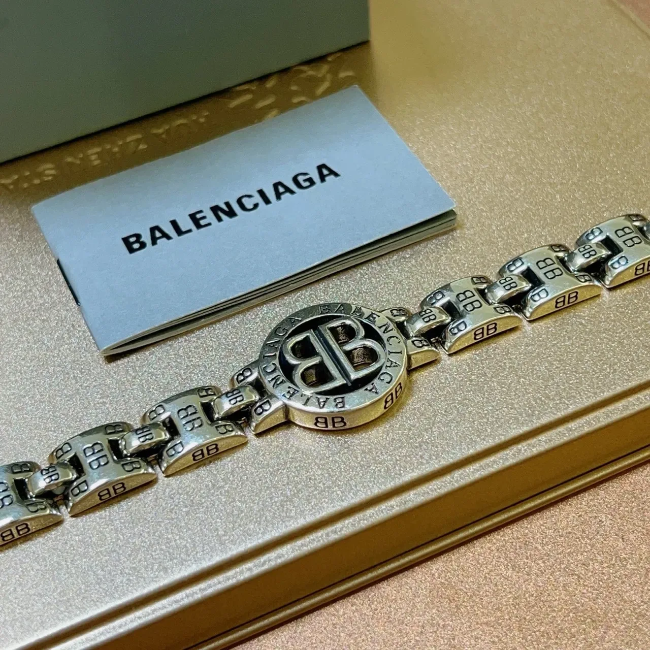 Balenciaga BB Pulseira Prata Preta Corrente Curb Grossa Links Gravados Bracelet 3