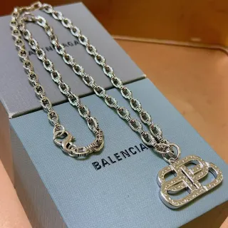 Balenciaga BB Logo Pendant Silver Chain Necklace