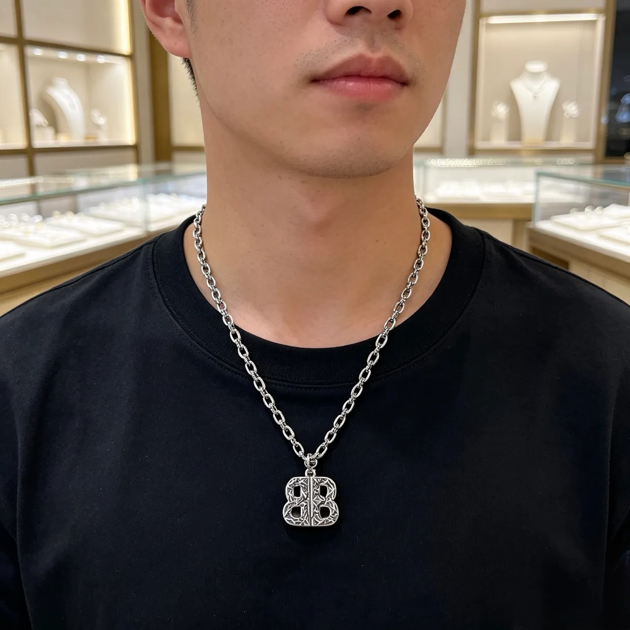 Balenciaga BB Monogram Prata Preto Corrente de Elos Pesados Pingente Ornado 3