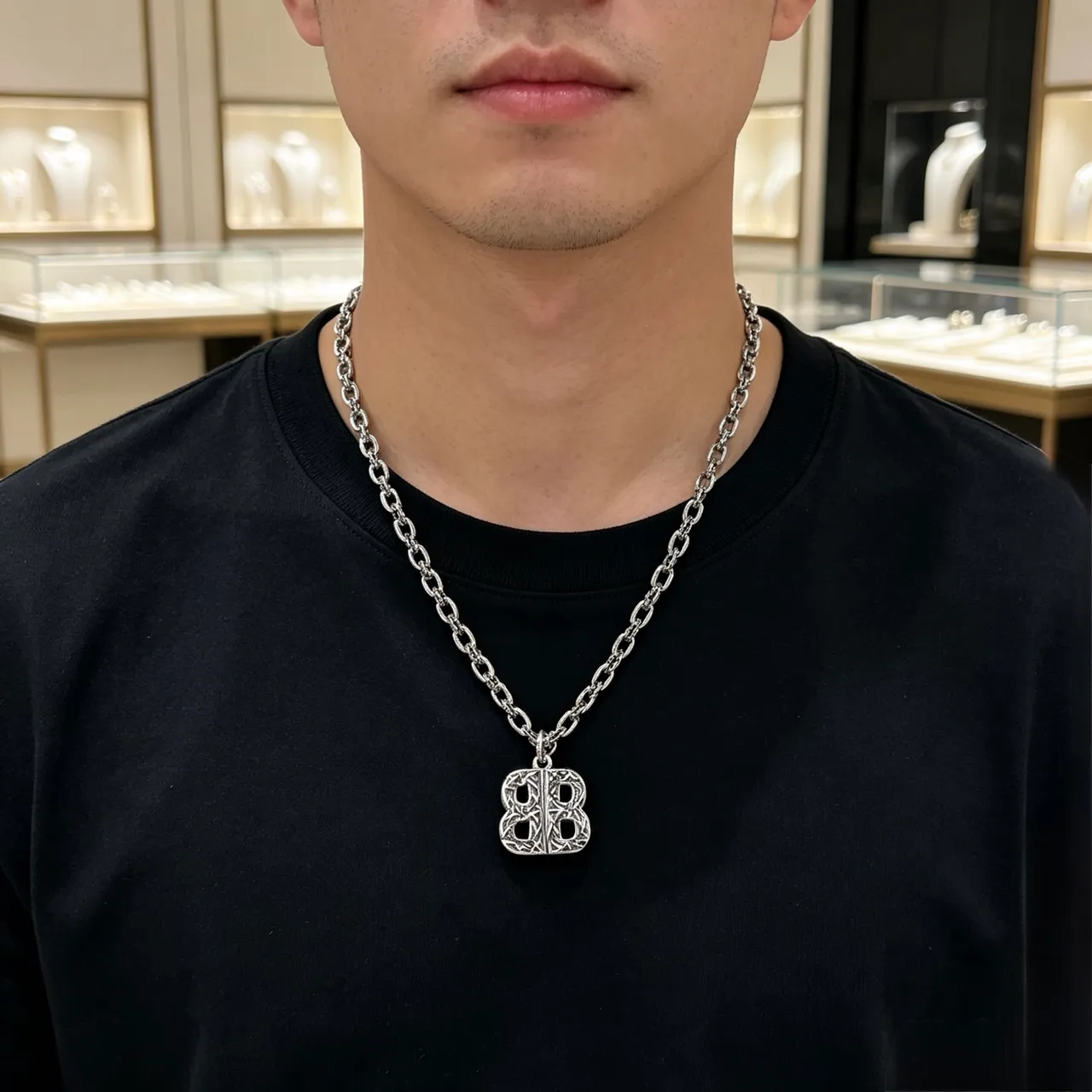 Balenciaga BB Monogram Prata Preto Corrente de Elos Pesados Pingente Ornado 5