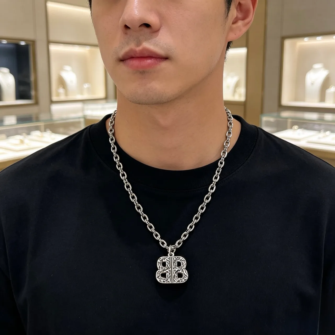 Balenciaga BB Monogram Prata Preto Corrente de Elos Pesados Pingente Ornado 7