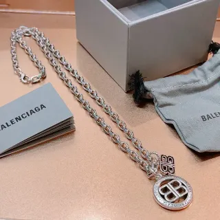 Balenciaga BB Necklace Silver Gray Chunky Curb Chain Double Logo Pendant Necklace