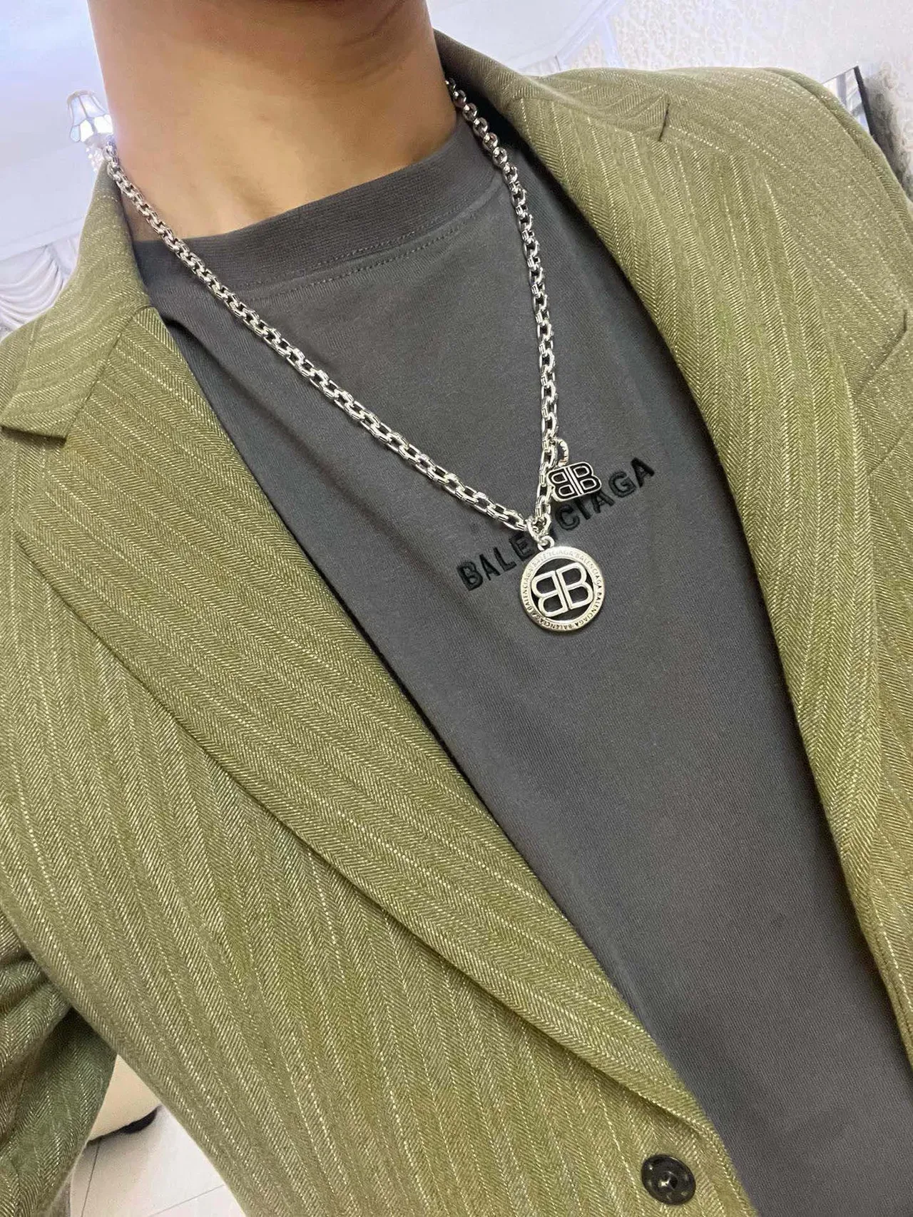 Balenciaga BB Colar Prateado Cinza Corrente Curb Chunky Pingente Duplo Logo 2