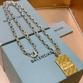 Balenciaga BB Pendant Silver Gold Curb-Link Chain Rectangular Necklace