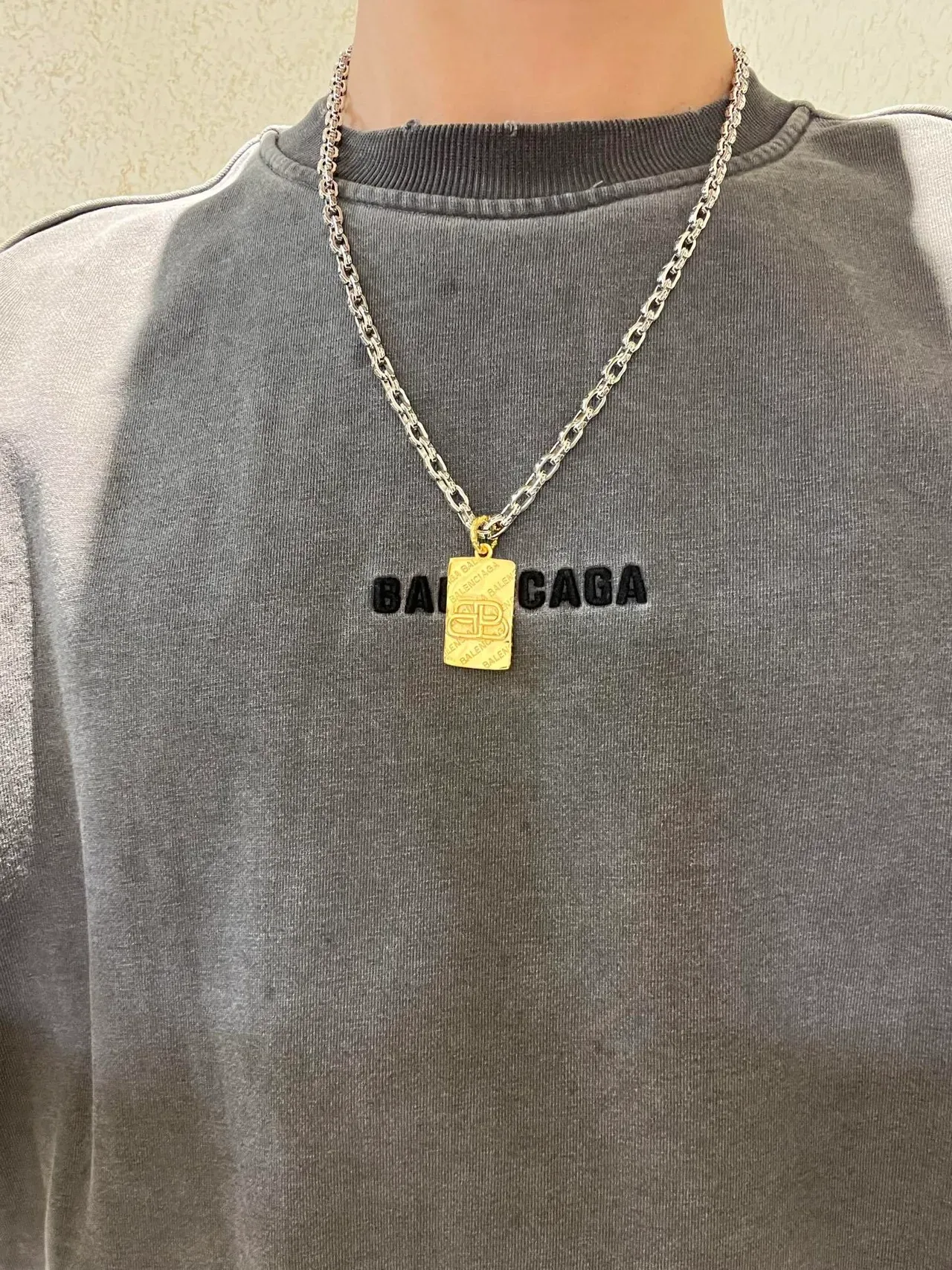 Balenciaga BB Pendant Silver Gold Curb-Link Chain Rectangular Necklace 2