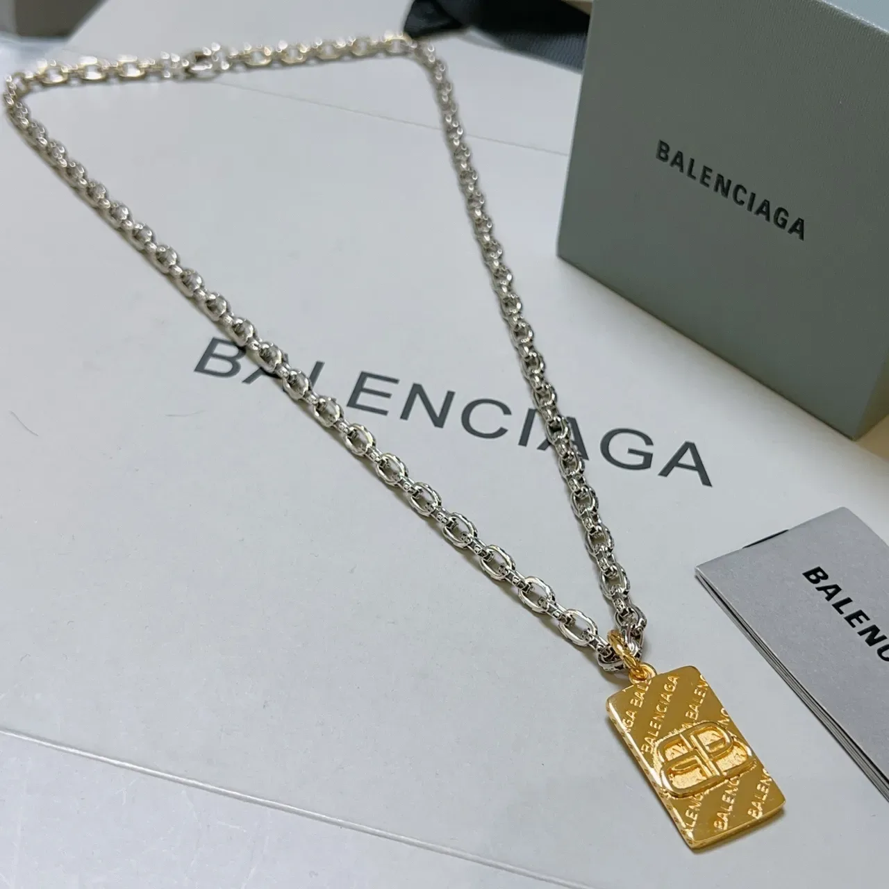 Balenciaga BB Pendant Silver Gold Curb-Link Chain Rectangular Necklace 3