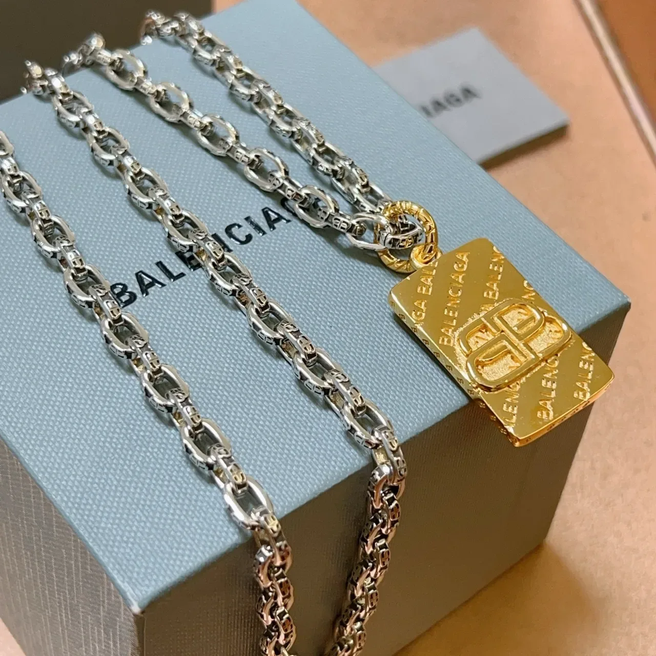 Balenciaga BB Pendant Silver Gold Curb-Link Chain Rectangular Necklace 4