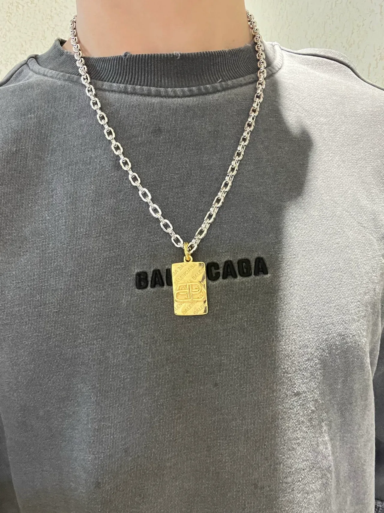 Balenciaga BB Pendant Silver Gold Curb-Link Chain Rectangular Necklace 5